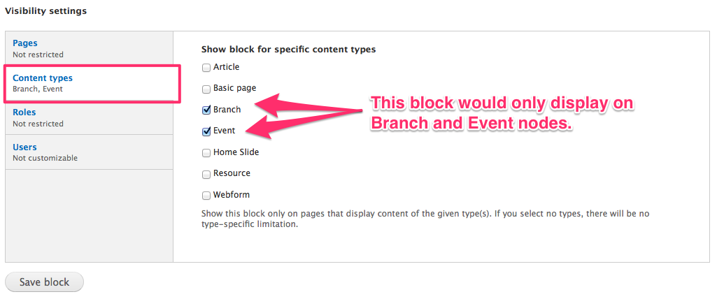 specify content types on which a block displays
